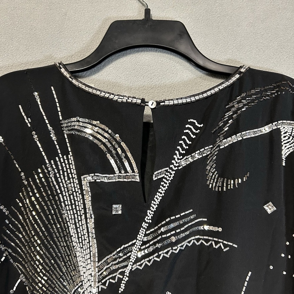A.J. BARI Vintage Silk Beaded‎ Black Silver Long Sleeve Dress Coquette Size 14 - Picture 4 of 8